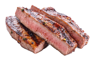 Grilled steak slices isolated on transparent background, ready to serve