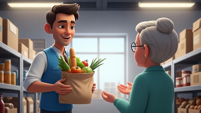 A young man hands a bag of fresh vegetables to an elderly woman in a food bank or grocery store setting.