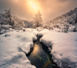 Naklejka premium Scenic view of frozen ice lake surrounded by snow-covered trees at sunrise. Landscape with lake, hills with snowy trees. Magical winter wonderland at dawn. Winter fairytale in Plitvice Lakes, Croatia