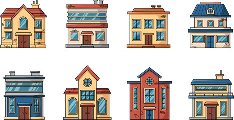 Residential house and small building illustration set featuring colorful homes, townhouses, apartments, and neighborhood architecture in clean flat vector style