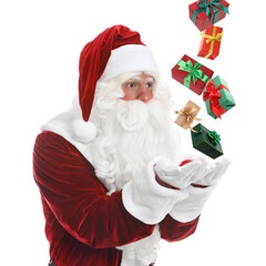 Santa Claus levitating gift boxes on white background. Christmas magic