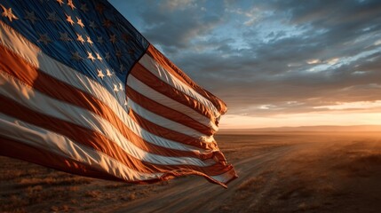 United States Flag at Sunrise Over Open Plains with Vibrant Sky © spyrakot