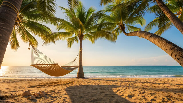 Coastal Paradise: A serene hammock sways gently between tropical palm trees, inviting relaxation. Golden sunlight bathes the sandy beach and the calm ocean, promising tranquility.