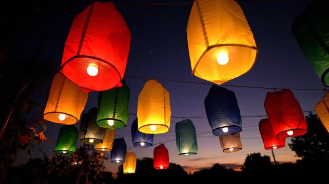 Colorful sky lanterns illuminating twilight sky during evening festival - Powered by Adobe