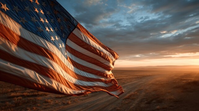 Fototapeta United States Flag at Sunrise Over Open Plains with Vibrant Sky