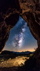 Cave opening frames a breathtaking, colorful Milky Way over a mountainous landscape, lit by a distant glow