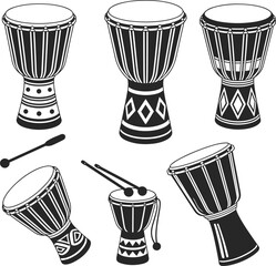 African djembe drum illustration set, traditional percussion instrument graphics, hand drum collection with sticks, ethnic music artwork, cultural rhythm design