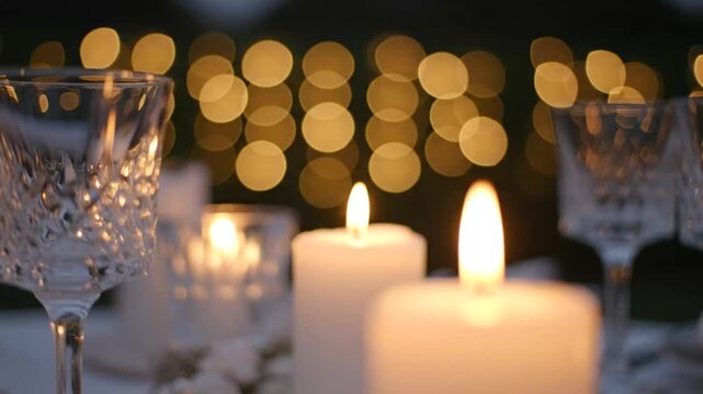 Elegant candlelit dinner setup with crystal glasses on a festive background