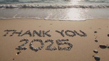 Thank You 2025 Message on Sandy Beach with Ocean Waves.