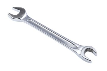 Shiny metal wrench isolated on transparent background for mechanical work