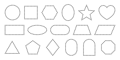 Dashed line borders and dotted frames collection. Square, circle, rectangle outlines with cut marks. Geometric coupon shapes and decorative box elements for design projects.