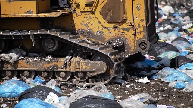 Bulldozer pushing garbage at a landfill.