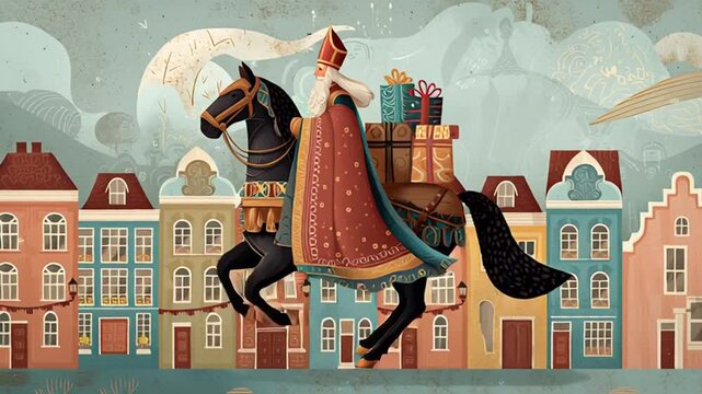 Sinterklaas Riding Horse with Gifts Through Town Illustration