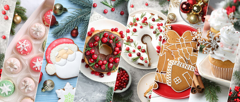 Merry Christmas and Happy New Year. Collage with festive desserts - Powered by Adobe