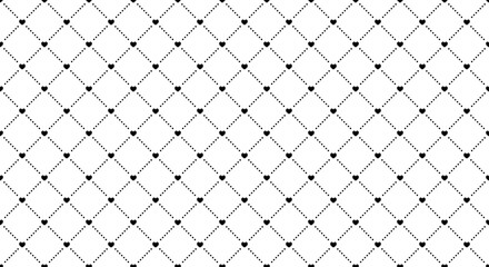 Fototapeta premium Rhombus lattice seamless pattern. Geometric quilt texture with diamonds. Square checkered repeating diagonal ornament with dots and hearts.