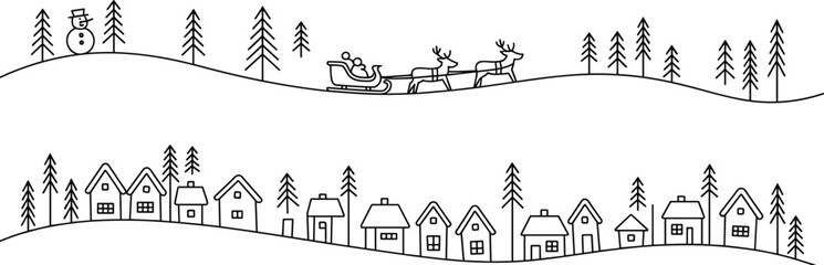 Christmas, winter, snowman, Santa, sleigh, reindeer, village, pine, tree, holiday, festive, graphic, silhouette, vector, scene, Santa sleigh, snowman icon, winter village, festive scene