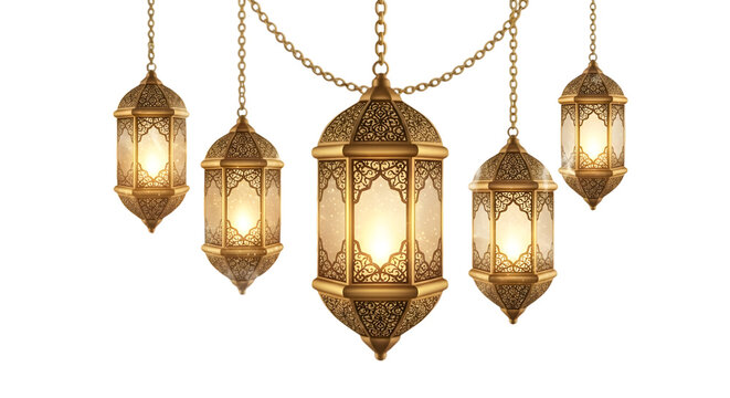 Golden islamic lanterns with glowing light isolated on transparent background