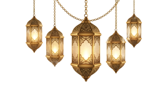 Golden islamic lanterns with glowing light isolated on transparent background