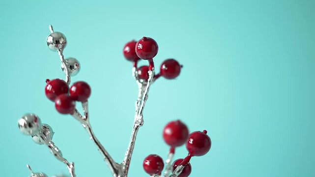 Red and Silver Berries on a Branch Against a Blue Background.