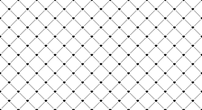Rhombus lattice seamless pattern. Geometric quilt texture with diamonds. Square checkered repeating diagonal ornament with dots and hearts.