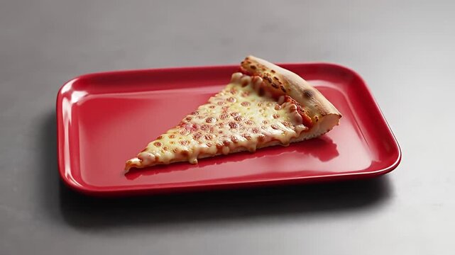 A single slice of cheese pizza rests on a vibrant red rectangular tray, ready to be enjoyed.