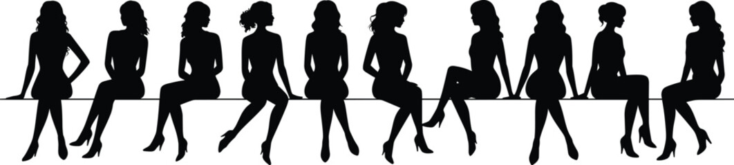 Fototapeta premium Women, silhouettes, sitting, line, bench, group, friends, fashion, models, outlines, vector, illustration, stylish, confident, feminine, lifestyle, minimal, art, design, set