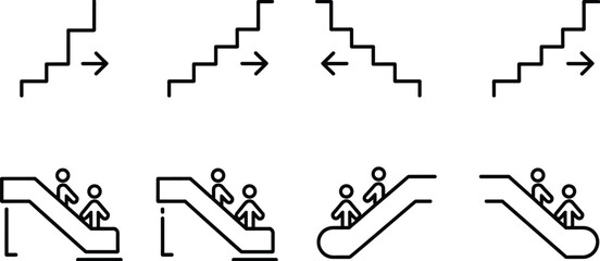 Stairs and escalator navigation icons, direction arrows, people climbing steps silhouettes, public guidance symbols, wayfinding infographic vector set isolated on white, architecture,