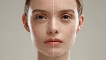 Woman with closed eyes showcasing a digital facial mesh overlay representing beauty technology and skin analysis system 4k Video footage - Powered by Adobe