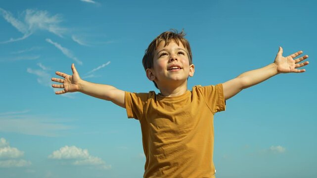 Boy with outstretched arms embraces open blue sky. Initial panning camera movement transitions to a stable medium shot.