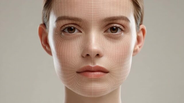Woman with closed eyes showcasing a digital facial mesh overlay representing beauty technology and skin analysis system 4k Video footage