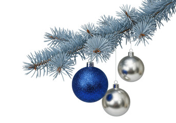 stylized silvery-blue fir branch with icy needles, featuring three luxurious sapphire and reflective silver sphere christmas ornaments, isolated on transparent with copy space. concept of