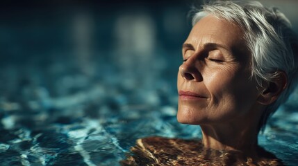 Senior Woman Meditating in Pool with Sunlit Water for Serenity and Balance