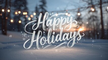 Happy Holidays Text Overlay in Winter Forest Scene with Falling Snow