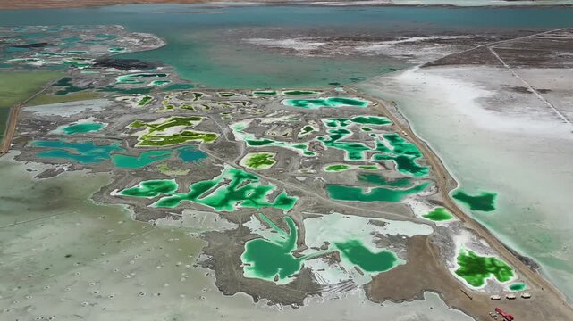 Aerial View of Emerald Salt Lakes in Dachaidan, Qinghai Province, China - Stunning Natural Geological Formation