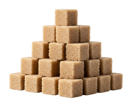 Building a pyramid of brown sugar cubes in a environment isolated on transparent background