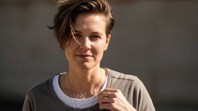 Young caucasian female with short hair smiling outdoors in casual attire - Powered by Adobe