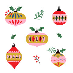 set of isolated Christmas ornaments with holly berries