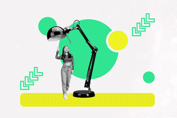 Composite image montage trend artwork 3D collage of small size young lady stand hello gesture lamp light arrow point job human resources