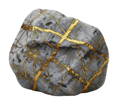 Golden veins in gray stone nature stone isolated on transparent background
