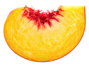A sliced, juicy peach wedge with vibrant colors, a bite taken out, set against black