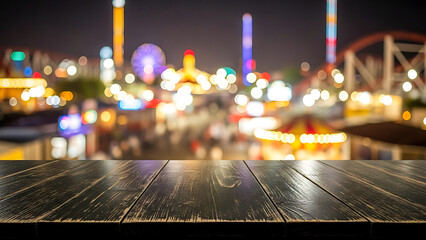 Empty wooden table in front of a blurry, vibrant amusement park at night