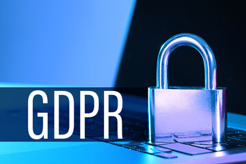 General Data Protection Regulation (GDPR). Metal padlock on laptop, closeup