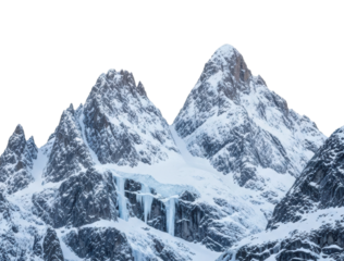 Snow-capped peaks and waterfalls mountain range nature scene isolated on transparent background