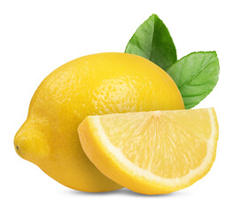 Fresh yellow lemons and green leaves isolated on white