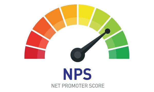 Minimalist Net Promoter Score (NPS) gauge illustration in flat style featuring a color scale, needle, and performance metric