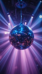 Silver disco ball with sharp light beams, blue-purple glow and soft haze