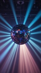 Silver disco ball with sharp light beams, blue-purple glow and soft haze