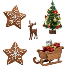 high-key macro still life of festive symbols: star gingerbread cookie with royal icing, miniature wooden reindeer and sleigh with gifts, christmas tree with led lights, concept of upscale holiday