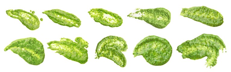 Set of fresh pesto sauce isolated on white, top view