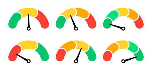 Scale meter for risk or performance level. Indicator with arrow for credit rating, power and pressure measurement.